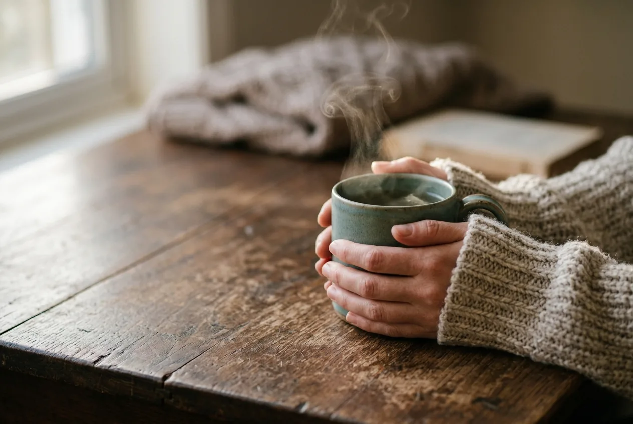 Two hands cradling a matte ceramic mug of steaming herbal tea in a chunky knit sweater, soft window light from the left. The quiet pose evokes a two-minute pause built into an existing morning ritual.