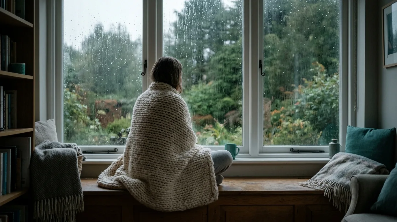 A view through rain-streaked windows over a still lake, framed by greenery, in muted greens and slate. Quiet, slightly somber light that mirrors the sit-with-it work some weeks need.