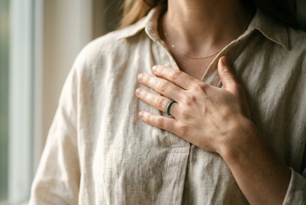 A hand resting flat on a person's chest in soft window light, the body relaxed and visible only as a torso. The pose evokes the simple somatic-awareness check used to settle a racing chest.