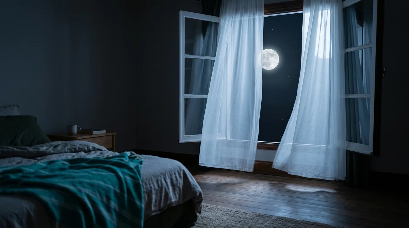 A pale moon framed by sheer curtains in a dim bedroom, soft cool light falling on a bedside table. The image evokes the lights-out moment that 4-7-8 breathing is built for.