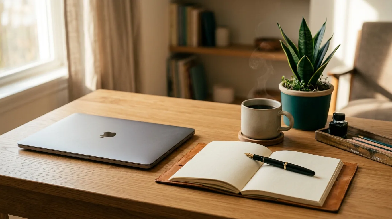 A closed slim laptop sitting on a wooden desk next to a leather notebook and a half-full cup of coffee, soft afternoon window light. The arrangement evokes a deliberate two-minute pause between work blocks.