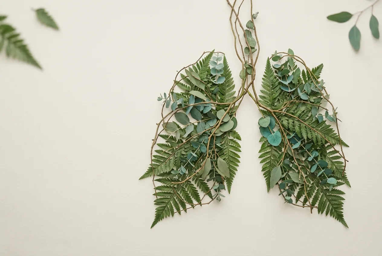 A pair of lung shapes formed entirely from densely arranged green ferns and tree branches against a pale background, an editorial composition evoking the link between breath and the autonomic nervous system.