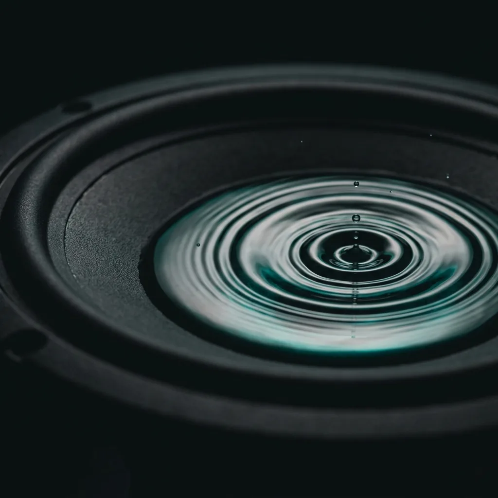 A thin pool of water on a speaker's surface vibrates into perfect concentric ring patterns, lit from below in teal, suggesting how matched frequencies amplify each other.