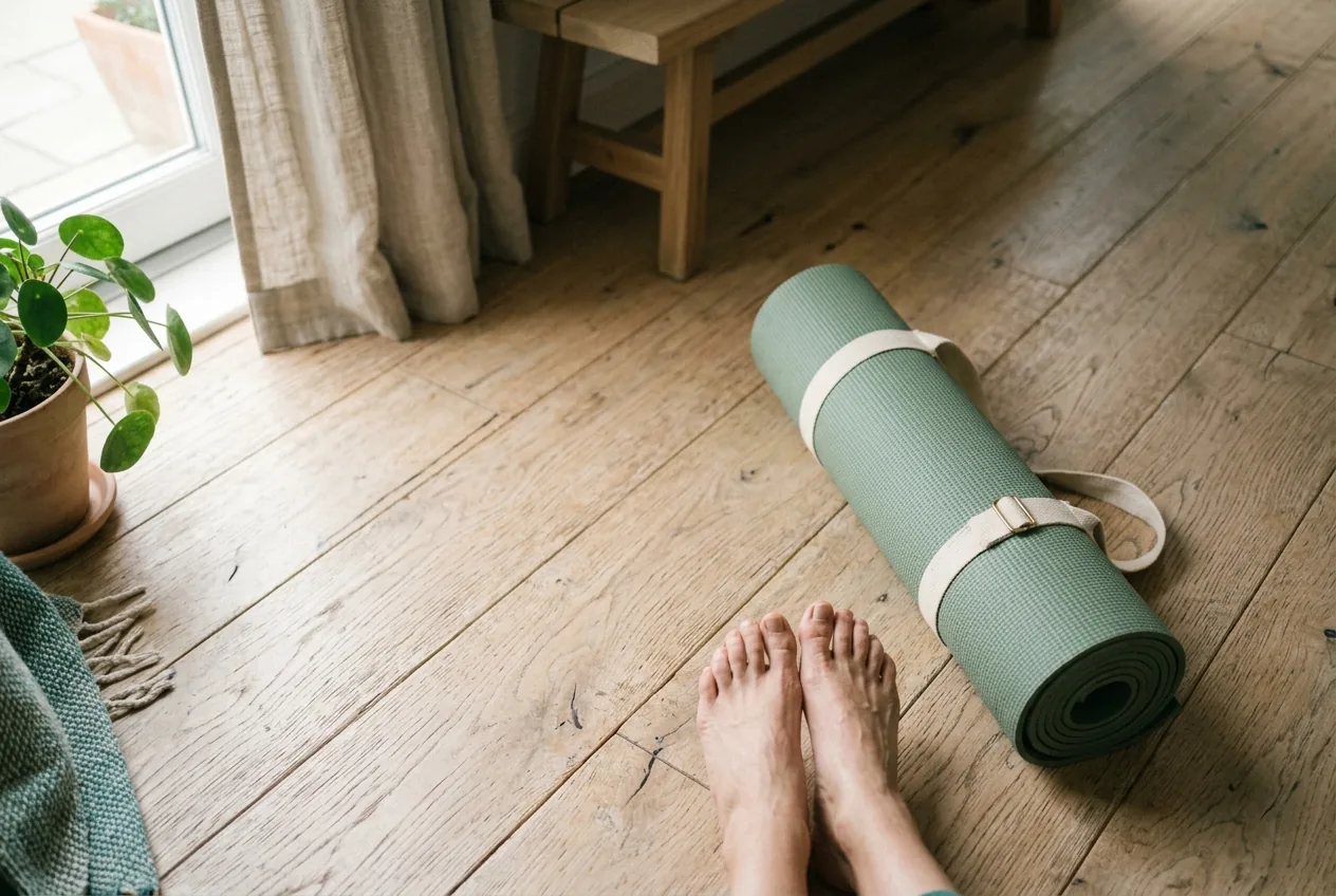 A neatly rolled sage-green yoga mat beside a pair of bare feet on a pale oak wood floor, warm morning light from a nearby window. The composition suggests a daily practice that doesn't require a ritual or gear.