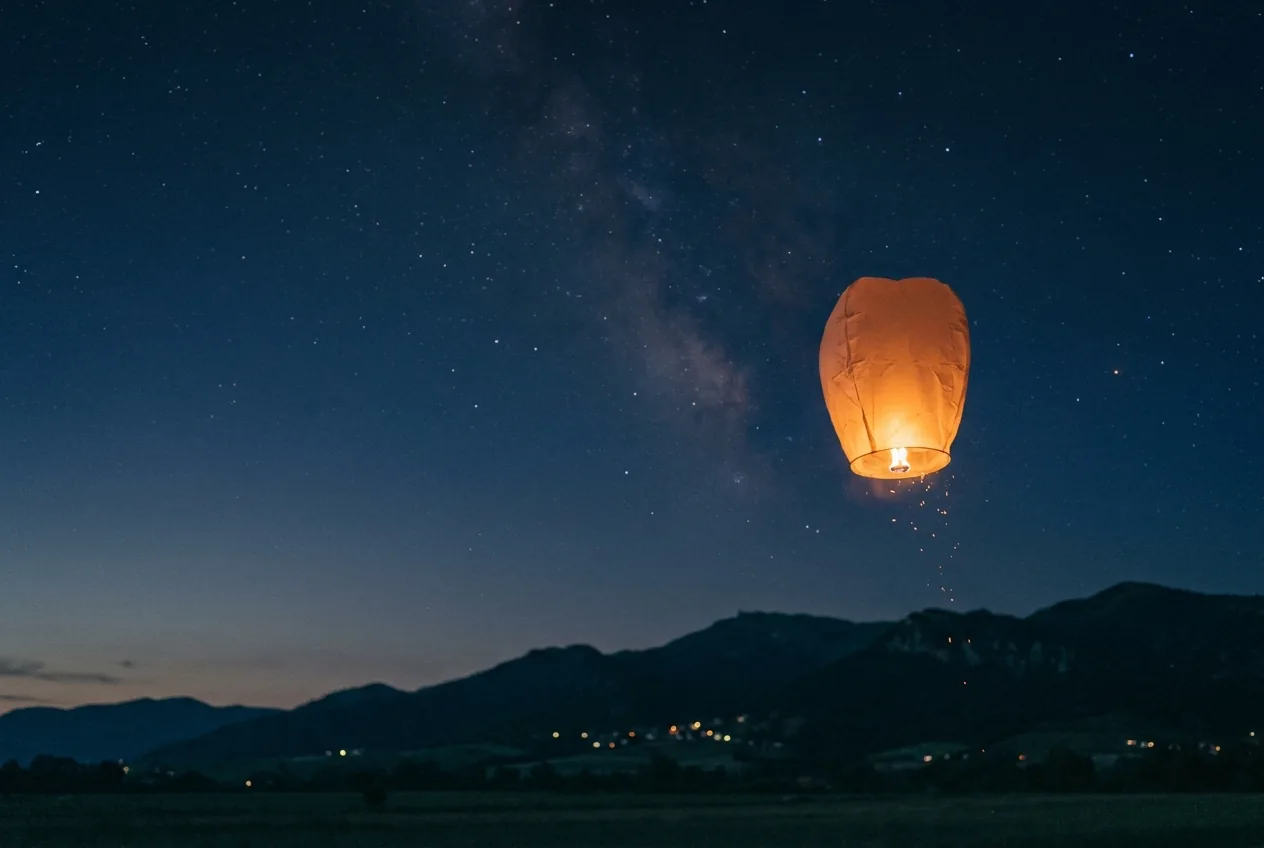 A single warm-glowing paper lantern drifting upward into a deep indigo twilight sky dotted with early stars, a faint silhouette of rolling hills on the horizon. A quiet visual for the closing invitation to start today.